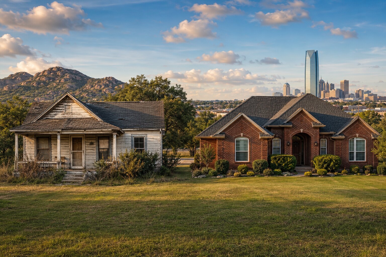 An older Oklahoma fixer-upper and a well-maintained brick home with the Wichita Mountains and Oklahoma City skyline